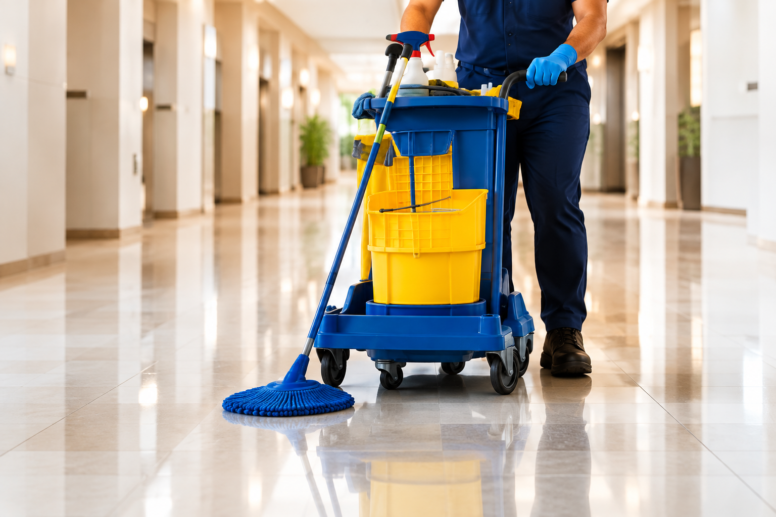 Janitor with cleaning cart in a hallway