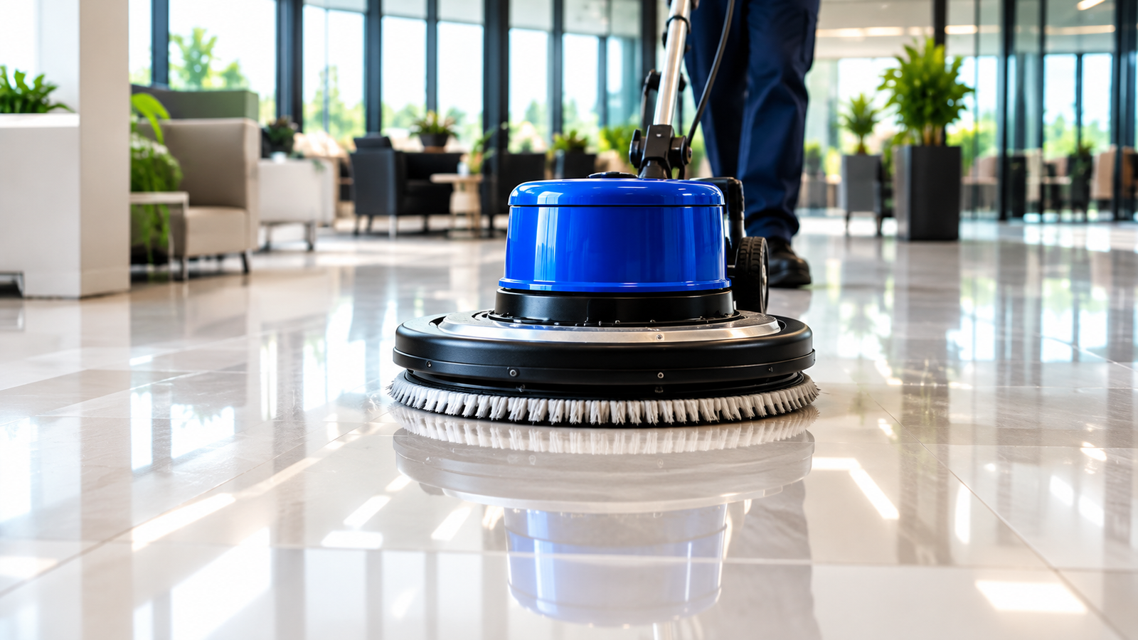 Floor machine polishing a commercial floor