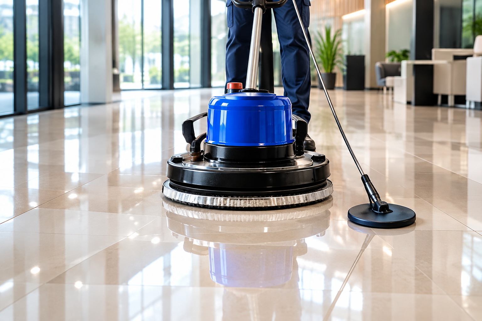 Floor buffing in progress